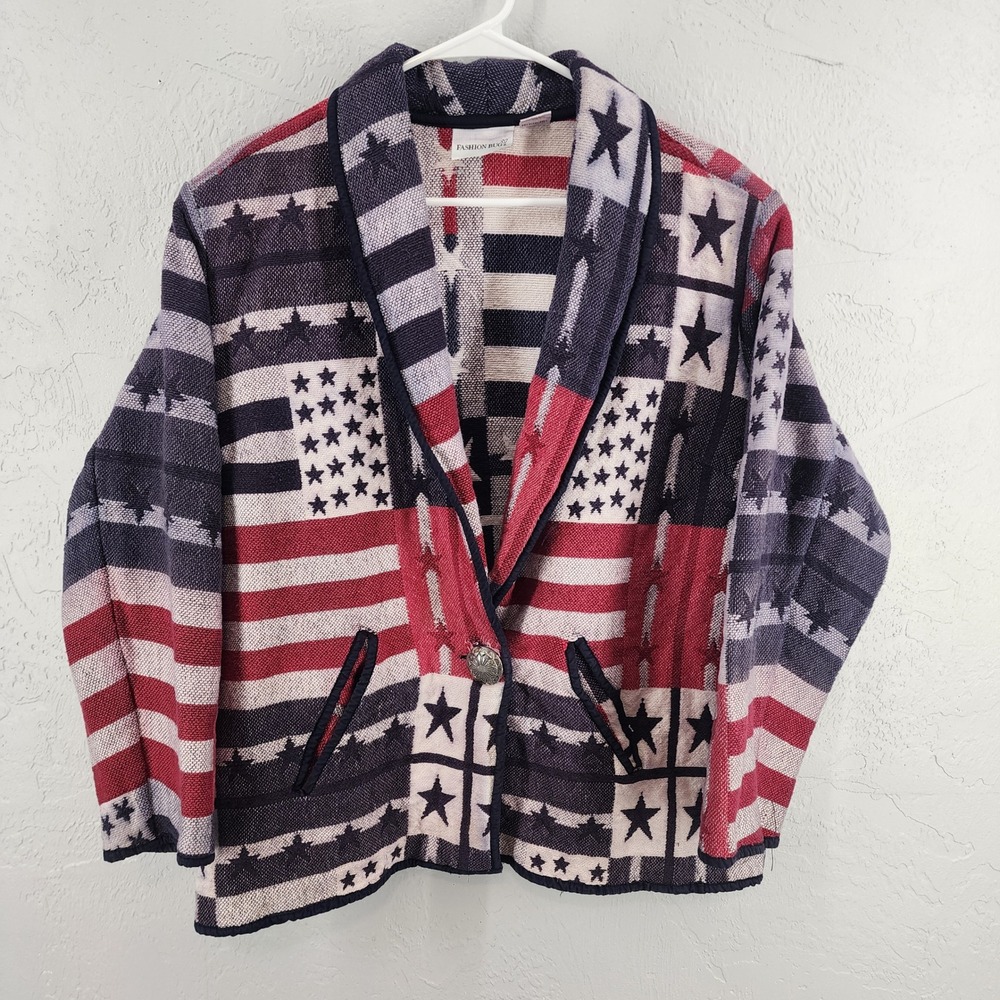 Vtg Stars Stripes Tapestry Afghan Blazer Jacket Red White Blue Americana 18/20W